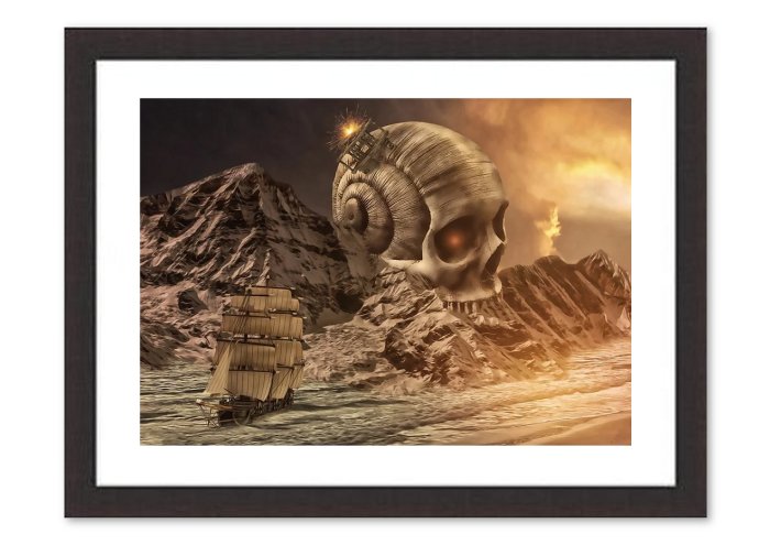 Skull Mountains Sea Ship Sky Fire Sky